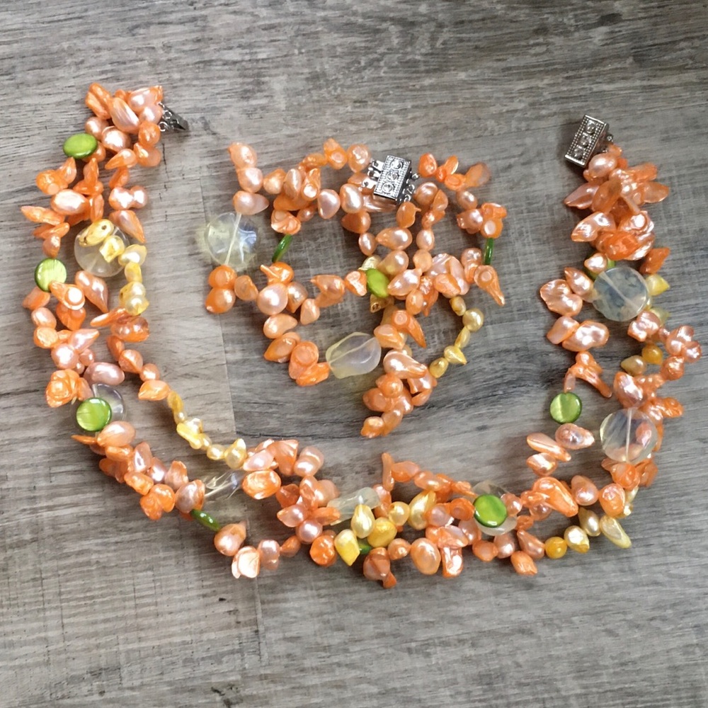 Cultured Freshwater Pearl Dyed Tangerine Yellow Necklace and Bracelet Set